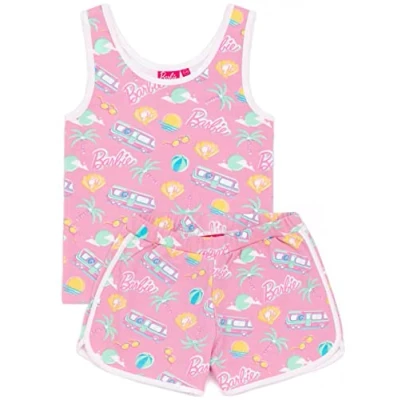 Image of Barbie Girls 2 Piece Co Ord Kids Pink All Over Print Vest And Shorts Set Palm Trees Sunglasses Summer Holiday Beach Ball Daywear Fashion Doll Graphic Clothing Merchandise Gift for Children