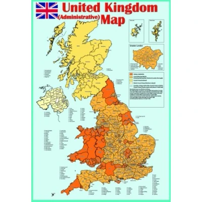 Image of laminated united kingdom (uk) Great Britain ADMINISTRATIVE MAP poster Educational classroom study room teaching school type wall chart