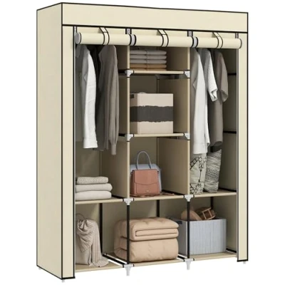 Image of HOMCOM Fabric Wardrobe, Portable Clothes Storage Unit with 8 Shelves, 2 Hanging Rods, 125 x 43 162.5 cm, Cream White