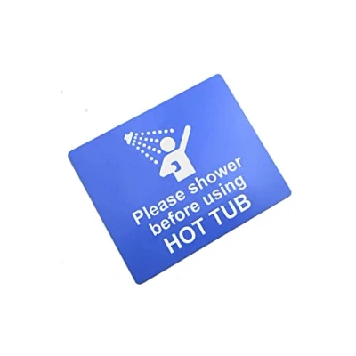 Image of Please Shower Before Using Hot Tub Sign Waterproof Adhesive Sticker Notice, SILVER/GOLD/BLUE engraved with Universal Icon Symbol and Text (Size 12cm x 10cm) (Blue)