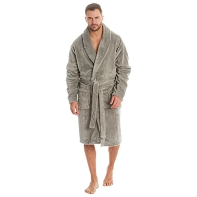 Image of Mens Shawl Collar Dressing Gown Flannel Fleece Plus Size Big and Tall Bath Robe Sizes Grey XL