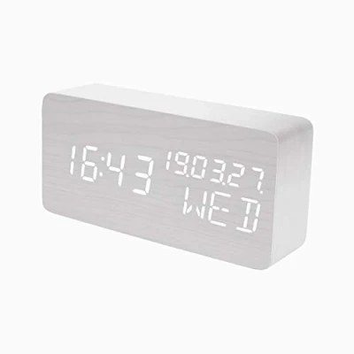 Image of Raercodia Alarm Clock Wooden Digital Decorative Modern LED Desk Display Time Date Week Temperature Sound Control Brightness Adjustable (White)
