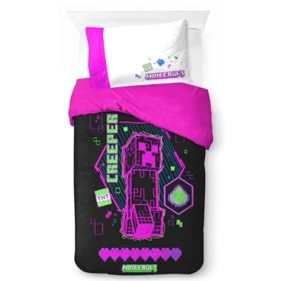 Image of Jay Franco Minecraft Neon Creeper 100% Cotton Single Duvet Cover Set Includes 50 x 70cm Pillowcase