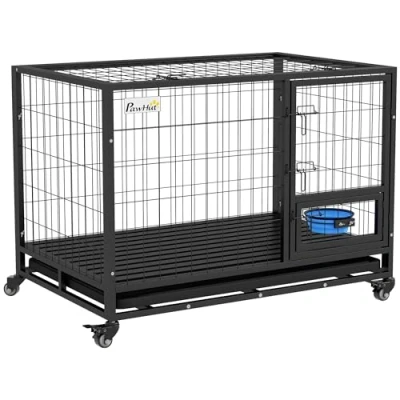 Image of PawHut 43&quot; Heavy Duty Dog Crate with Bowl Holder, Cage on Wheels Removable Tray, Openable Top, Detachable Door, Indoor Outdoor Use, for Large and Extra Dogs Black