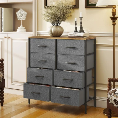 Image of HOMCOM Fabric Chest of Drawers, Industrial Bedroom Dresser with 8 Steel Frame and Wooden Top for Nursery, Living Room, Hallway, Rustic Brown Grey