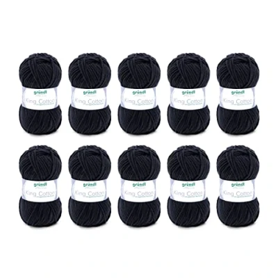 Image of Gründl King Cotton Pack 10 x 50g Ball Knitting Wool/Yarn 55% Polyacrylic and 45% Egyptian Combed Cotton, 28 31 7 cm, Black, cm