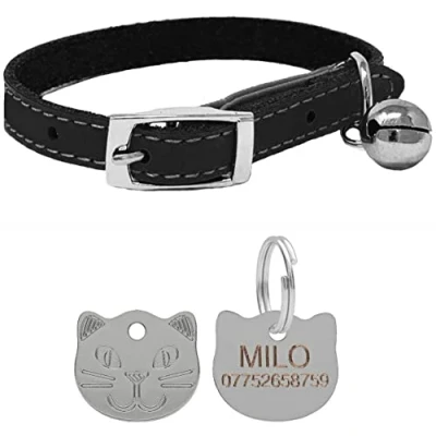 Image of Genuine Leather Cat Collar with Safety Elastic &amp; Bell Personalised Engraved Face Tag (Black)