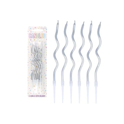 Image of Henbrandt Pack of 6 Silver Wavy Party Candles with Candle Holders, Metallic 12cm Spiral Twist Tall Thin Celebration for Birthday Cakes Baby Shower and Anniversary Decorations