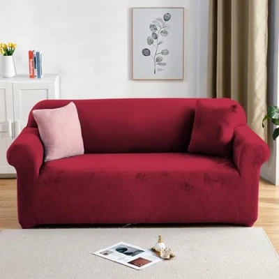 Image of PETCUTE Elastic sofa covers 3 Seater slipcovers velvet thick Wine red