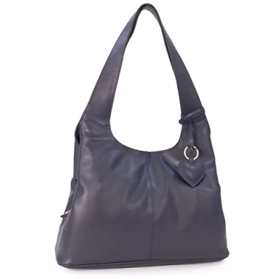 Image of Gigi Ladies Medium Leather Shoulder Bag Tote Handbag With Multiple Compartments Heart Keyring Charm OTHELLO 4326 Dark Blue/Navy