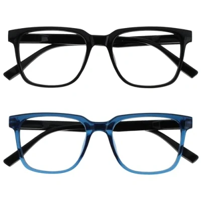 Image of OPULIZE LEO Reading Glasses 2 Pack Large Rectangular Frame Black, Blue Mens Womens Spring Hinges RR55 13 +1.00