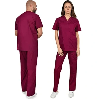 Image of B well Colombo Unisex Scrub Set, Slip On Tunic and Trousers Medical Doctor Uniform, Uniforms &amp; Scrubs, Work Wear, Thick Fabric Red Large