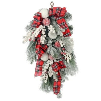 Image of Mr Crimbo 76cm Christmas Teardrop Swag with Red Tartan Ribbon, Frosted Baubles, and Artificial Berries Festive Door Mantel Decoration