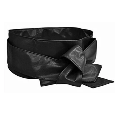 Image of Ladies Leather Wrap Corset Cinch Waist Wide Long PU Belt Bow Style (Black)