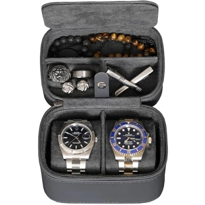 Image of ROTHWELL 2 Watch Travel Case Storage Organizer for Watches Men and Women Tough Portable Protection w/Zipper Fits All Wristwatches &amp; Smart Up to 50mm (Carbon)