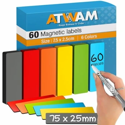 Image of ATWAM 60 Magnetic Strips writable Labels 75x 25mm 6 Colors Scrum &amp; Kanban Notes Whiteboard for Board, Wall Fridge