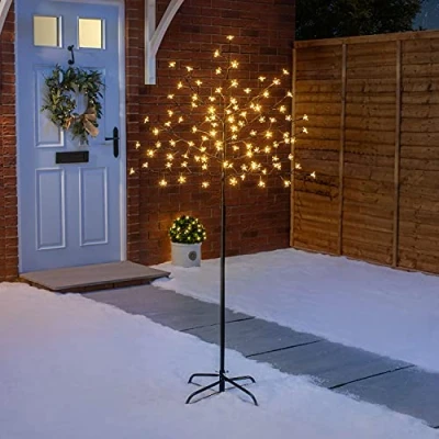 Image of CHRISTOW Cherry Blossom Tree 96 LED Light Up Indoor Outdoor Christmas Decoration With Stand 150cm / 5ft (Warm White)