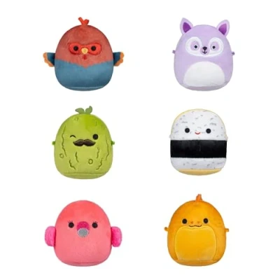 Image of Micromallows Squishmallows Original Plush 6 Pack Mo the Egg Sushi, Onel Eel, Reed Rooster, Layla Lemur, Charles Pickle, Cookie Flamingo
