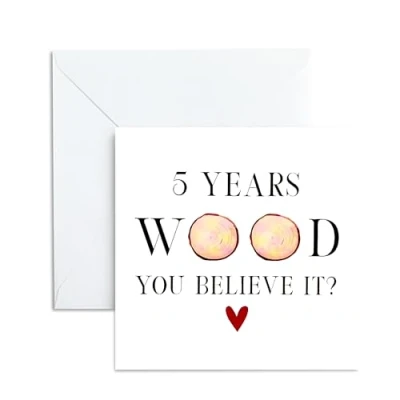 Image of 5th Wedding Anniversary Card for Couple, Husband or Wife Wooden Themed 5 Year Keepsake Him, Her, Mum &amp; Dad Square Blank with Envelope 5.1x5.1 Inch