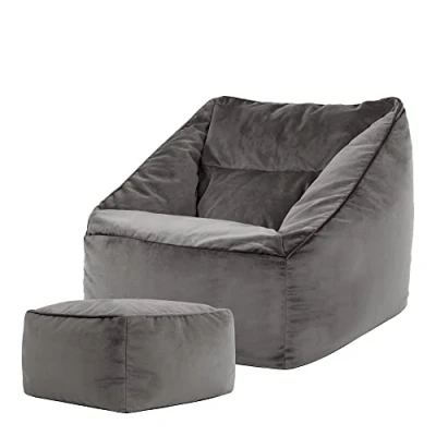 Image of icon Natalia Velvet Lounge Chair Bean Bag and Footstool, Charcoal Grey, Giant Chair, Large Bags for Adult with Filling Included, Accent Living Room Furniture