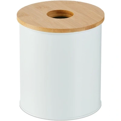 Image of Relaxdays Bathroom Bin, 2 Litre Volume Capacity, Round, Bamboo Lid with Hole, Cosmetic Waste Trash Can, Dustbin, White, Iron, 15 x 13.5 cm