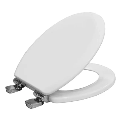 Image of BEMIS Chicago Ultra Fix White Toilet Seat. Soft Close Seat with Easy Lift Chrome Plated Hinges. Wooden Water Based Paint for Clean, Universal &amp; Installation,