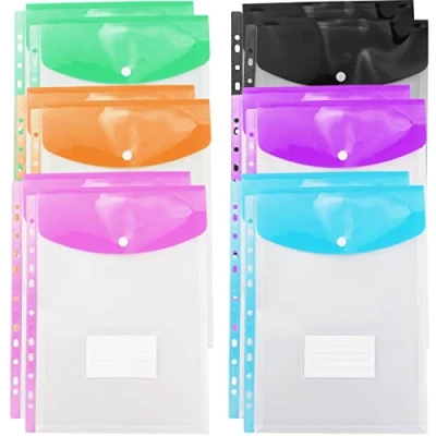 Image of Plastic Wallets A4 Punched Pockets 12PCS Expandable Folders Document Files with Button Closure and Label Pocket for Home, Office School Files, Assorted Colours