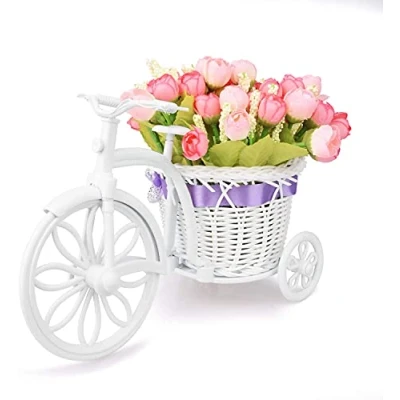Image of Takefuns Artificial Bicycle Flower Pot with Basket for Home Wedding Decoration, Plastic, Red, Small