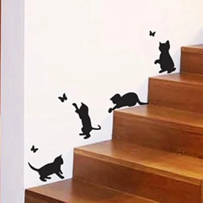 Image of Cats playing Catching butterflies home Vinyl wall Sticker Decor Decal Mural KItchen Pets wallpaper decoration kids room Living art interior design
