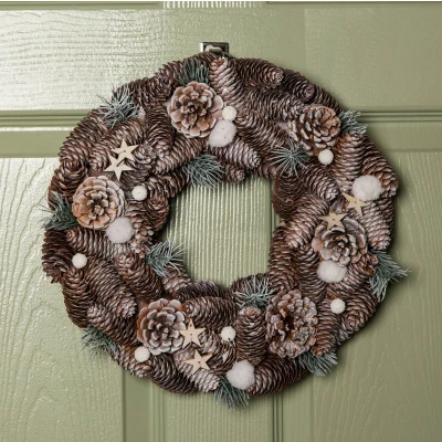 Image of 36cm Frosted Hanging Christmas Wreath with Pine Cones &amp; Wooden Stars