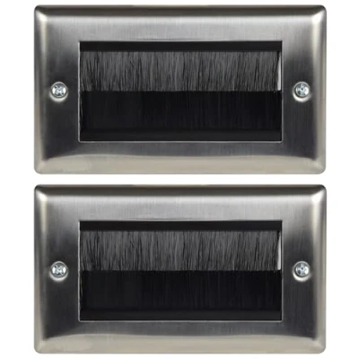 Image of fiXte Brushed Steel Double Gang Wallplate UK Type Cable Tidy Wall Outlet Black Brushes (2)