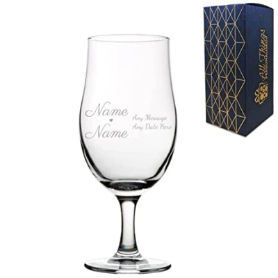 Image of Personalised Engraved Wedding Draft Stemmed Beer Glass, 20oz/590ml Tulip, Thoughtful Customised Gift, Laser in The UK, Dishwasher Safe Clear