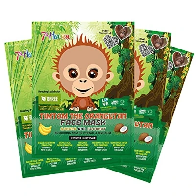 Image of 7th Heaven Born Free TimTom Orangutan Sheet Mask Multipack (Pack of 4) with Banana and Coconut to Nourish, Hydrate Revitalise Skin (Ages 8+)