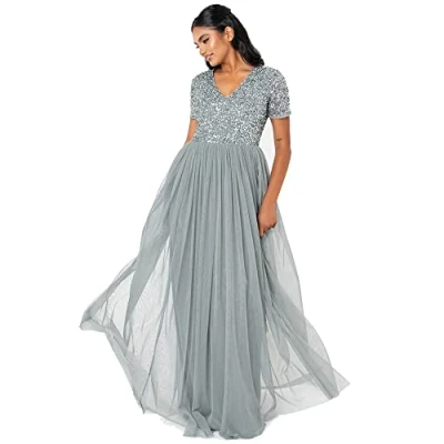 Image of Maya Deluxe Women&#039;s Ladies Dress for Wedding Guest Plus Size Empire High Waist Sequins Short Sleeve Evening Bridesmaid, Misty Green, 10