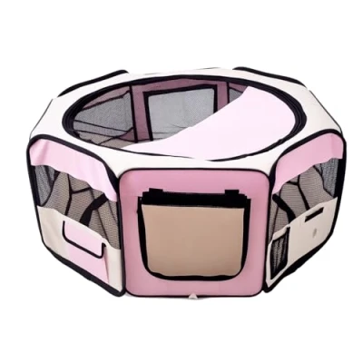 Image of PawHut Portable Cat Dog Playpen Pet Puppy Rabbit Guinea Pig Pen Run Dia 90 x 41H cm Indoor &amp; Outdoor Pink
