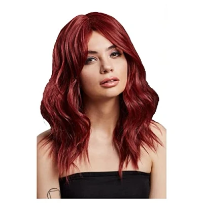 Image of Smiffys Fever Ashley Wig, Two Toned Blend, Ruby Red Wavy Long Layered, Centre Parting, 48cm/ 19in, Wigs Fancy Dress, Dress Up