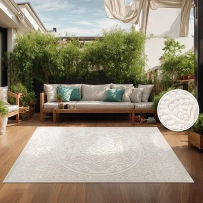 Image of TT Home Indoor &amp; Outdoor Rug Weatherproof Balcony Bedroom Boho Scandi Motif Plain Colour, colour:Cream 3, Size:160x230 cm