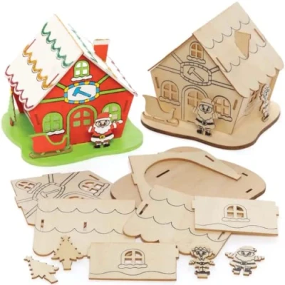 Image of Baker Ross FE895 Santas Workshop Wooden Model Kit Pack of 3, Tealight Holder to Decorate and Display, Crafts for Children, Ideal Christmas Arts Project