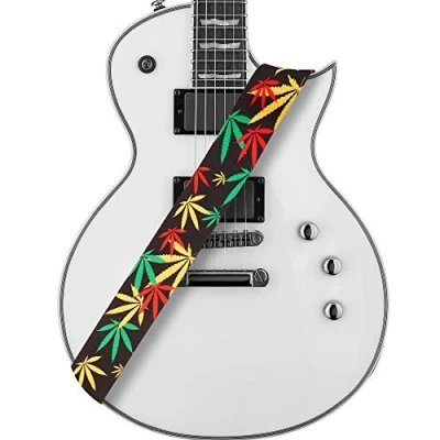 Image of Amumu Marijuana Leaf Guitar Strap Jamaica Rasta Polyester for Acoustic, Electric and Bass Guitars with Blocks &amp; Headstock Tie 2&quot; Wide