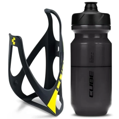 Image of Cube HPP Cage Matt Black/Yellow &amp; Icon Bottle Black, 500ml / Water Drink Flask Vessel Bidon Holder Mount Bracket Kit Lightweight Plastic Drinking Hydration Biking Bike Riding Frame Accessories