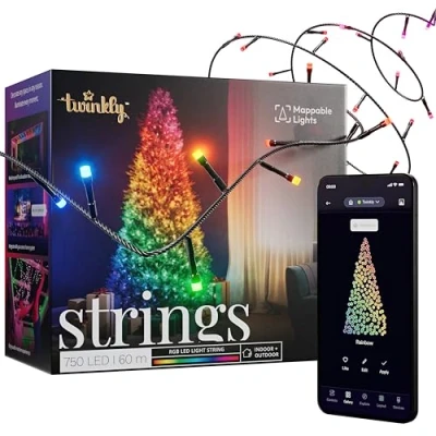 Image of Twinkly Strings 750 LED RGB, Mappable Light Strip for Outdoor and Indoor, Christmas Lights, Smart Compatible with Alexa Google Home, IP44, App Controlled, Black Wire, 60m