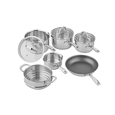 Image of Tala 6 Piece Stainless Steel Cookware Set Non Stick Frying Pan, 4 Multifunctional Cooking Pots with Tempered Glass Lids &amp; Steamer Dishwasher Safe, Scratch Resistant Suitable for All Stoves