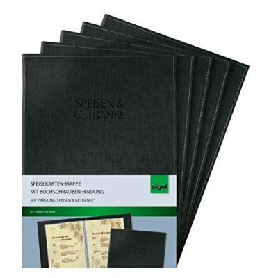 Image of SIGEL SM131/5 Menu Folders with Book Screw Binding for A4 Pack of 5 Black Elegant Linen Texture Durable and Easy Wipe Clean