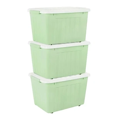 Image of Cetomo 80L*3 Storage Boxes with Wheels, Plastic Box Lid, Latching Buckles, Click Closure, Stackable, Nesting, Durable Organizer for Home Office Clothes, Green, 80L 3 Pack