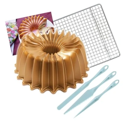 Image of Nordic Ware Brilliance Bundt Pan Gold 10 Cup Capacity With Finishing Tool Kit + Cooling Rack and Recipe Card