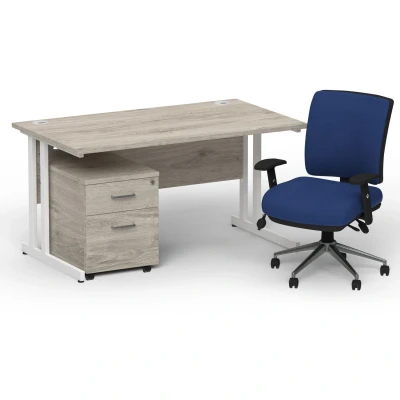 Image of Impulse 1400 White Cant Desk Grey Oak + 2 Dr Mobile Ped &amp; Chiro Blue