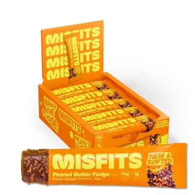 Image of Misfits Vegan Protein Bars, Peanut Butter Fudge Updated Recipe Low Sugar &amp; Carb, High Fibre Snacks Pack of 15