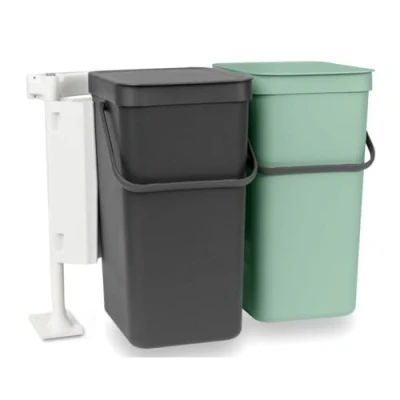 Image of Brabantia Sort &amp; Go Waste Bin 2x16L Double Built in Recycling Stay Open Lid Carry Handle Easy to Clean Dual for Kitchen Cupboards Dark Grey/Jade Green 52 x 37 43 cm