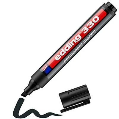 Image of edding 330 permanent marker black 1 pen chisel tip 5 mm waterproof, quick drying, smear proof pens for cardboard, plastic, glass, wood, metal and fabric