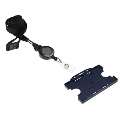 Image of ID Card It Navy Name Pass Badge Holder 2 Sided, with Black Lanyard Neck Strap and Integrated Yo Reel 1